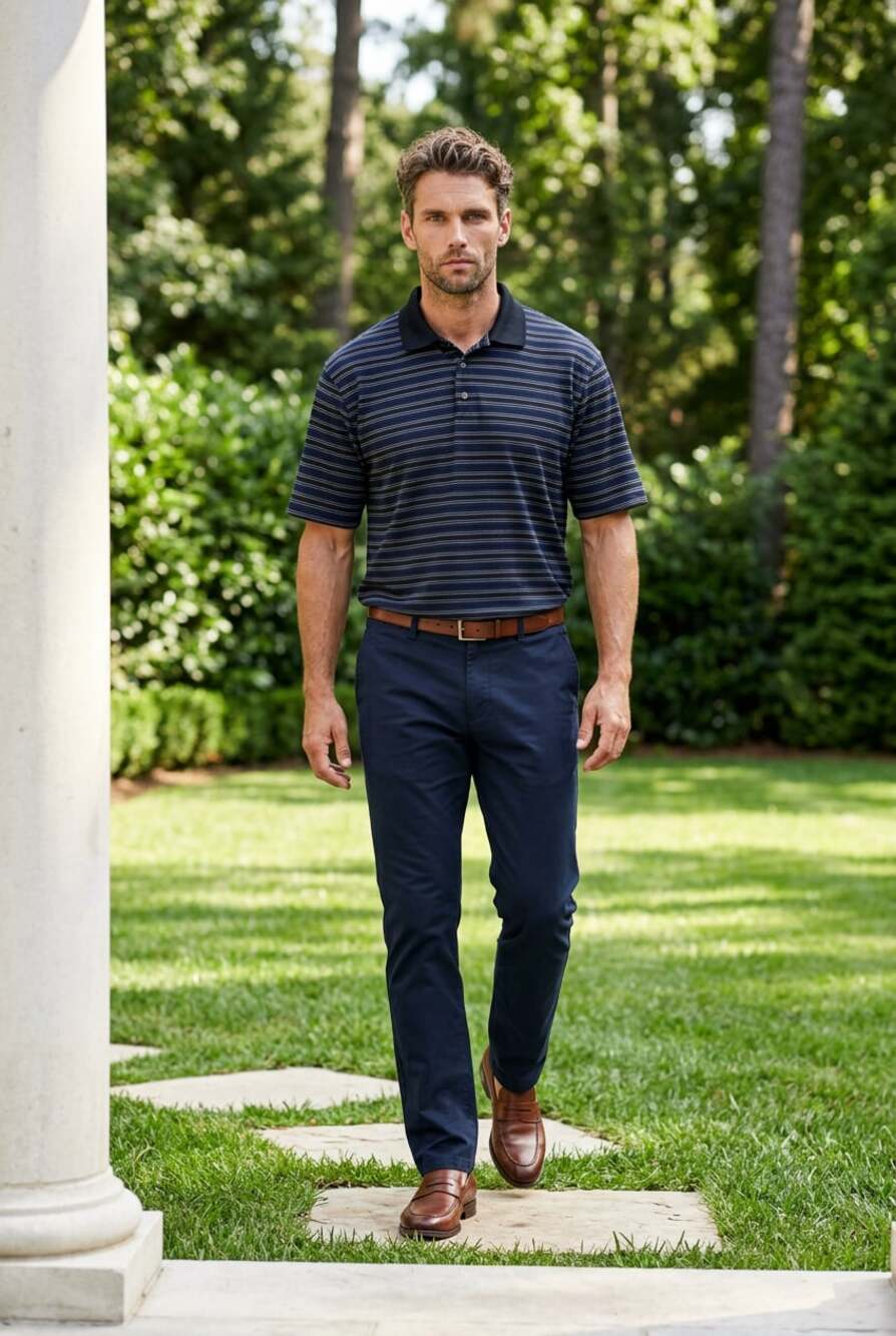 Pebble Beach Performance Striped Gold Polo Shirt